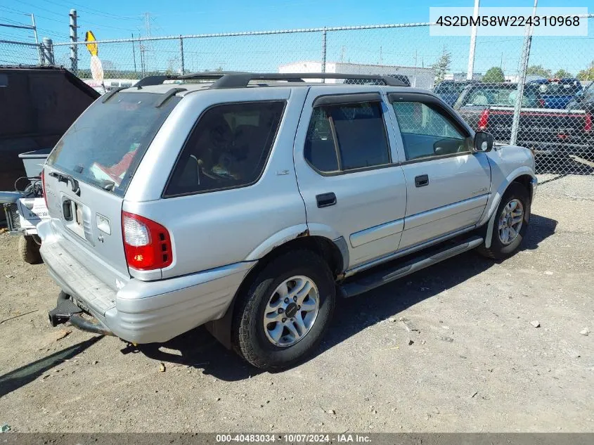 2002 Isuzu Rodeo Ls 3.2L/Lse 3.2L V6/S/S 3.2L V6 VIN: 4S2DM58W224310968 Lot: 40483034