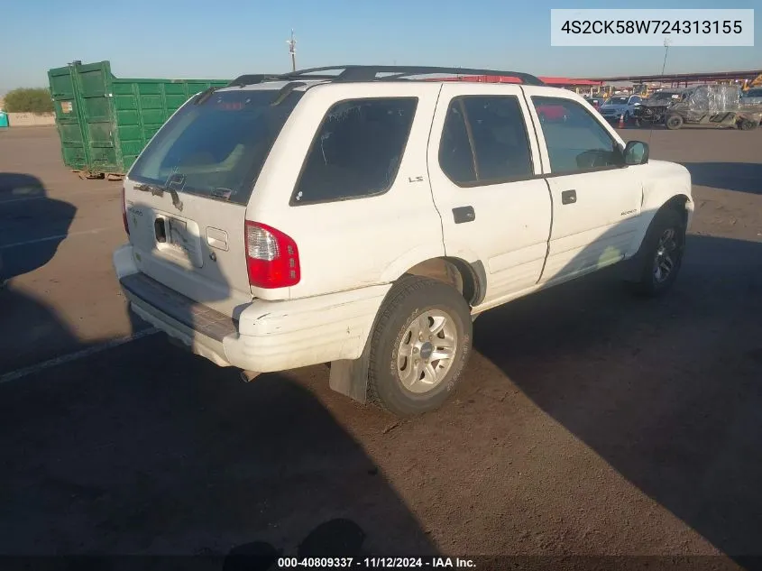 2002 Isuzu Rodeo Ls 3.2L V6/Lse 3.2L V6/S 3.2L V6 VIN: 4S2CK58W724313155 Lot: 40809337