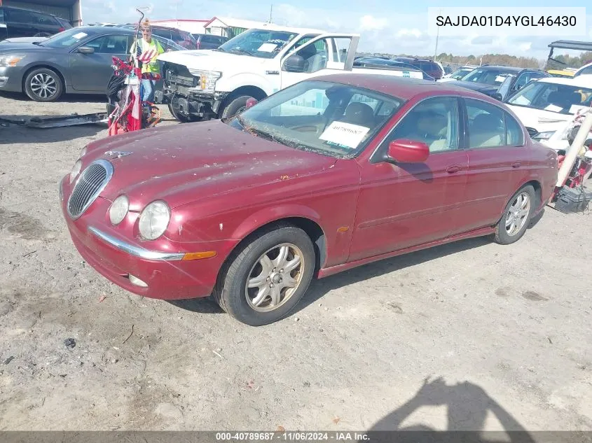 2000 Jaguar S-Type 4.0L V8 VIN: SAJDA01D4YGL46430 Lot: 40789687