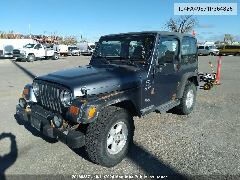 2001 Jeep Tj Sport VIN: 1J4FA49S71P364826 Lot: 20180337