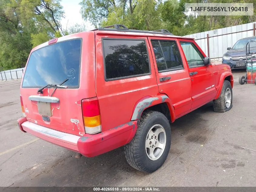 2000 Jeep Cherokee Classic VIN: 1J4FF58S6YL190418 Lot: 40265518