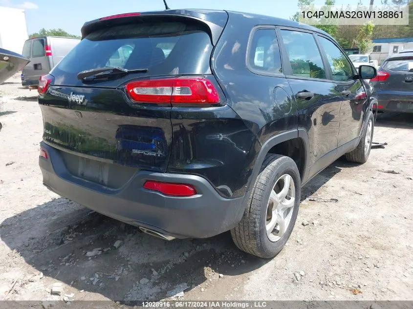 2016 Jeep Cherokee Sport VIN: 1C4PJMAS2GW138861 Lot: 12028916