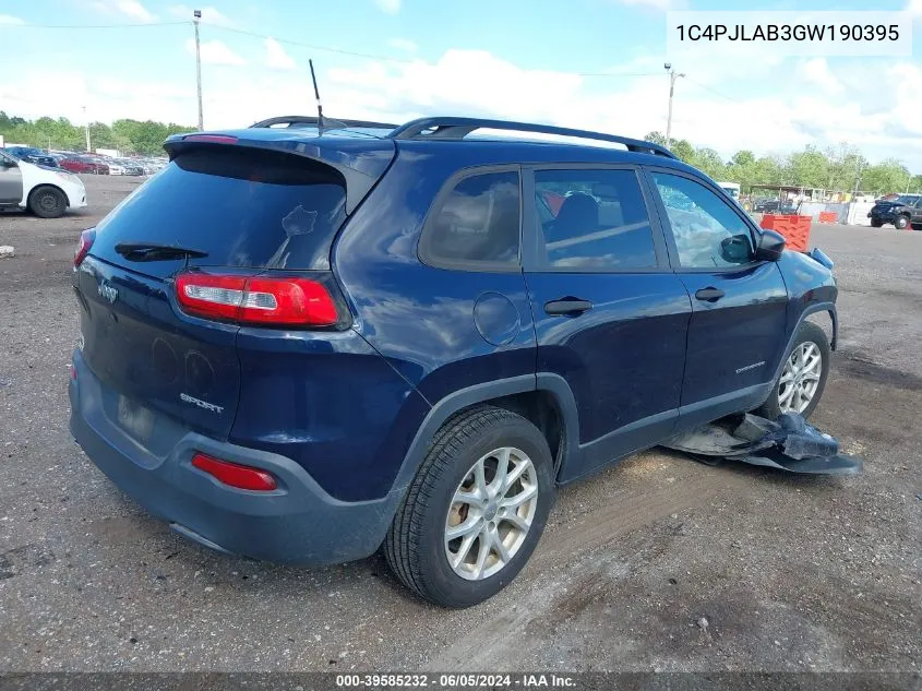 2016 Jeep Cherokee Sport VIN: 1C4PJLAB3GW190395 Lot: 39585232