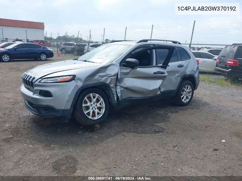 2016 Jeep Cherokee Sport VIN: 1C4PJLAB2GW370192 Lot: 39691741