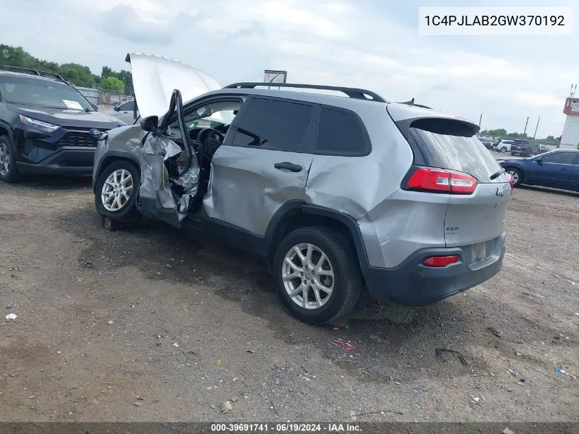 2016 Jeep Cherokee Sport VIN: 1C4PJLAB2GW370192 Lot: 39691741