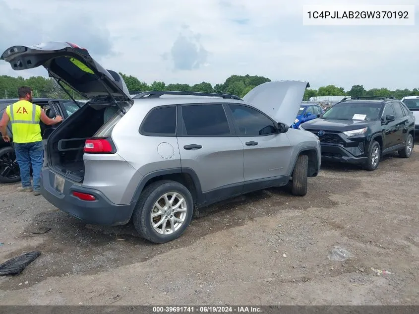 2016 Jeep Cherokee Sport VIN: 1C4PJLAB2GW370192 Lot: 39691741