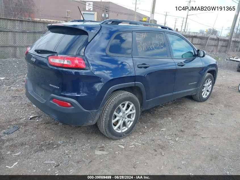 2016 Jeep Cherokee Sport VIN: 1C4PJMAB2GW191365 Lot: 39759499