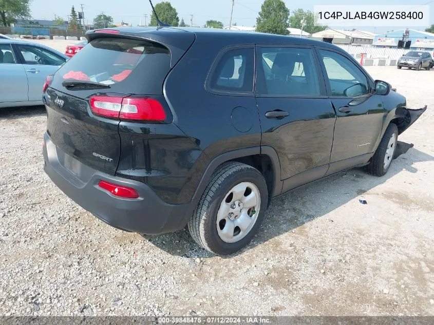 2016 Jeep Cherokee Sport VIN: 1C4PJLAB4GW258400 Lot: 39848475