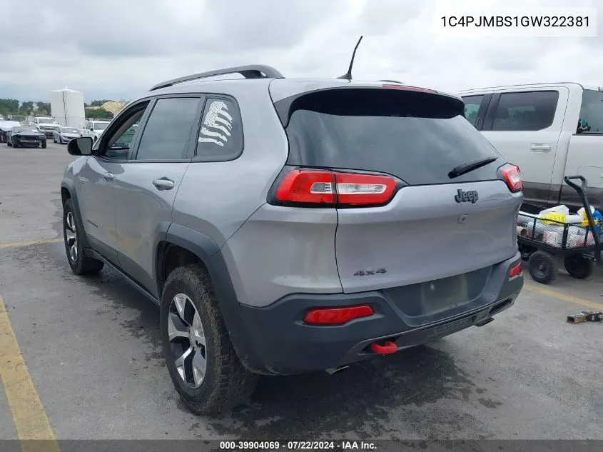 2016 Jeep Cherokee Trailhawk VIN: 1C4PJMBS1GW322381 Lot: 39904069