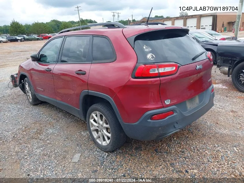 2016 Jeep Cherokee Sport VIN: 1C4PJLAB7GW189704 Lot: 39919240