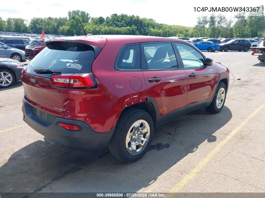 2016 Jeep Cherokee Sport VIN: 1C4PJMAB0GW343367 Lot: 39956508