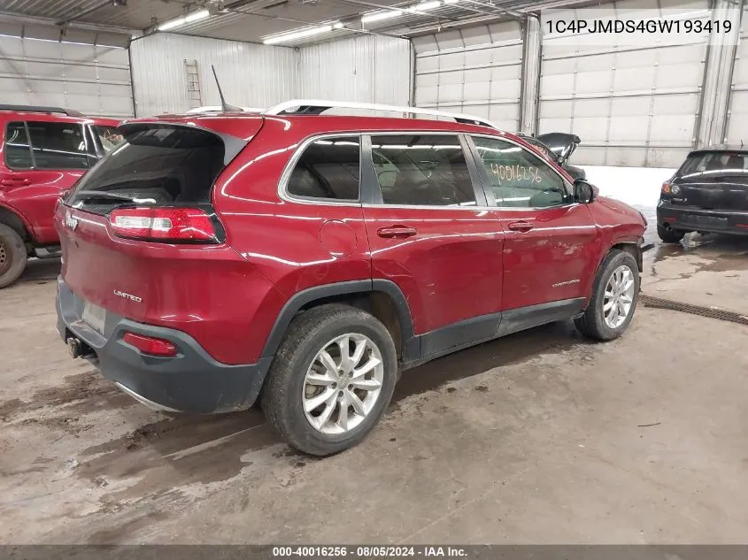 2016 Jeep Cherokee Limited VIN: 1C4PJMDS4GW193419 Lot: 40016256