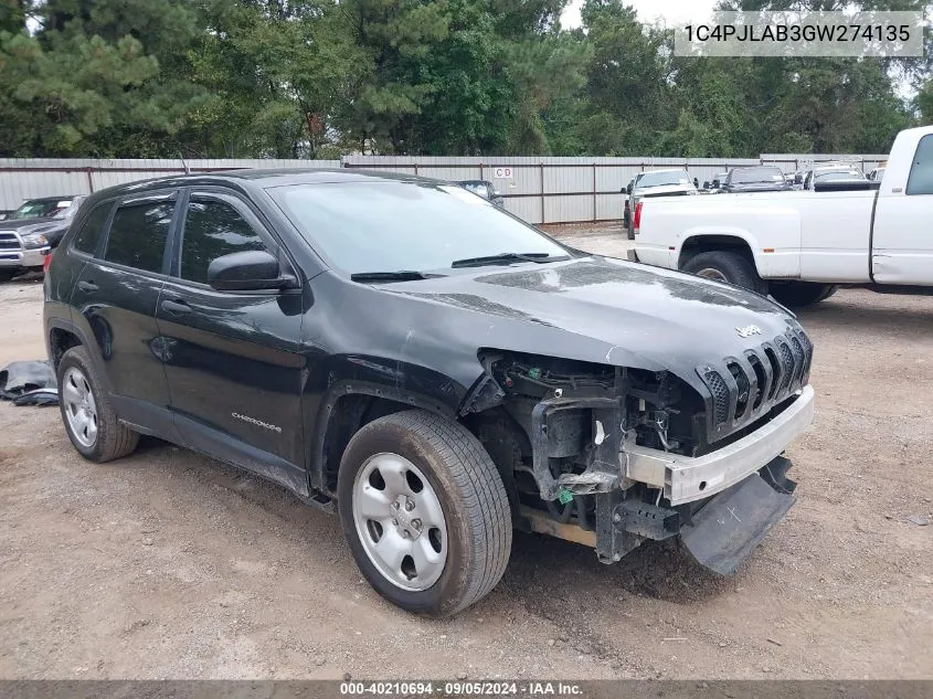 2016 Jeep Cherokee Sport VIN: 1C4PJLAB3GW274135 Lot: 40210694