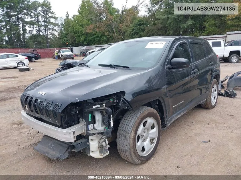 2016 Jeep Cherokee Sport VIN: 1C4PJLAB3GW274135 Lot: 40210694