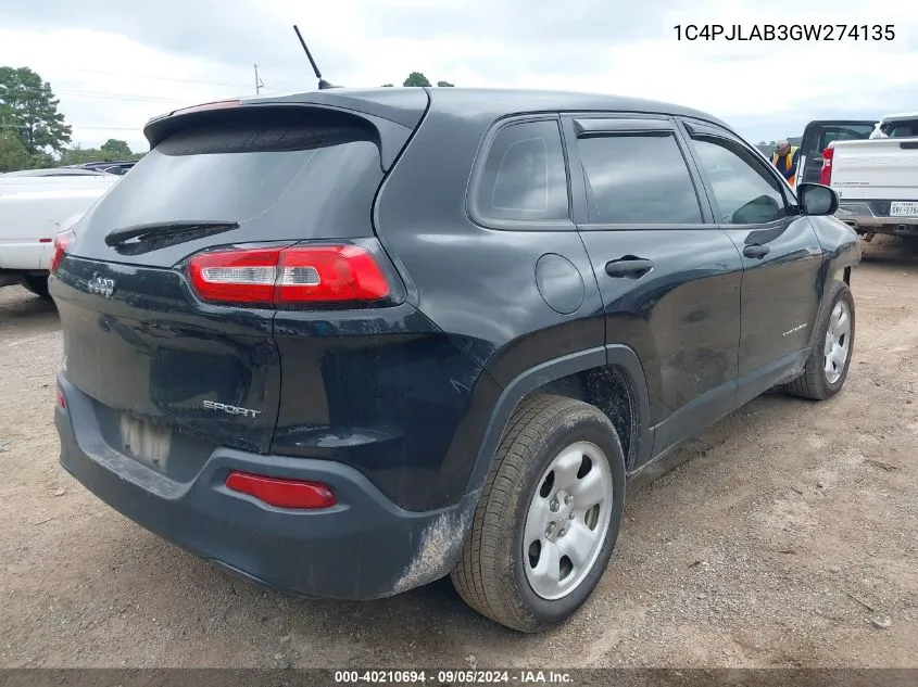 2016 Jeep Cherokee Sport VIN: 1C4PJLAB3GW274135 Lot: 40210694