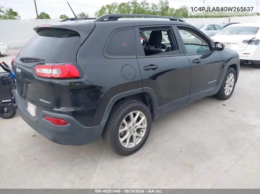 2016 Jeep Cherokee Sport VIN: 1C4PJLAB4GW265637 Lot: 40281449