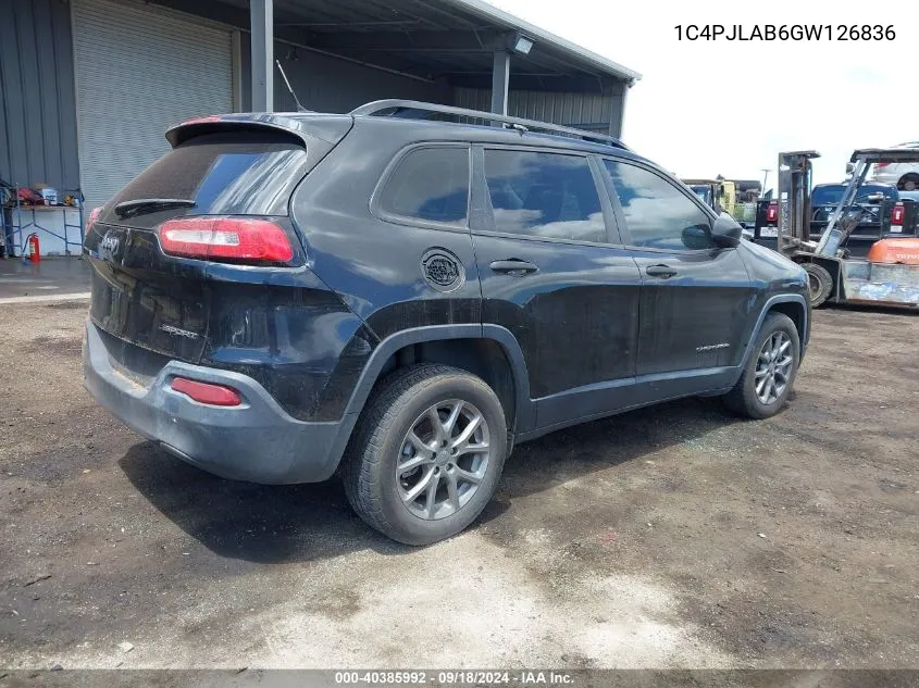 2016 Jeep Cherokee Sport VIN: 1C4PJLAB6GW126836 Lot: 40385992