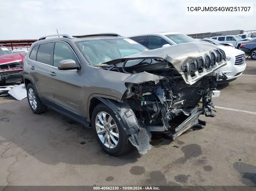 2016 Jeep Cherokee Limited VIN: 1C4PJMDS4GW251707 Lot: 40562330