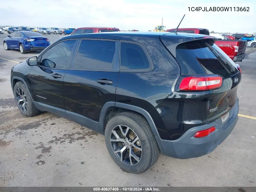 2016 Jeep Cherokee Sport VIN: 1C4PJLAB0GW113662 Lot: 40637405