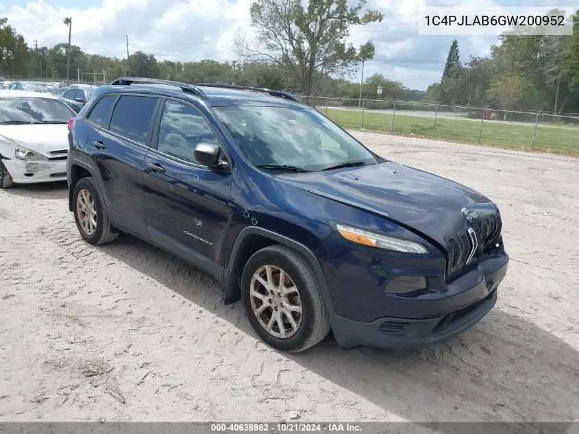 2016 Jeep Cherokee Sport VIN: 1C4PJLAB6GW200952 Lot: 40638982