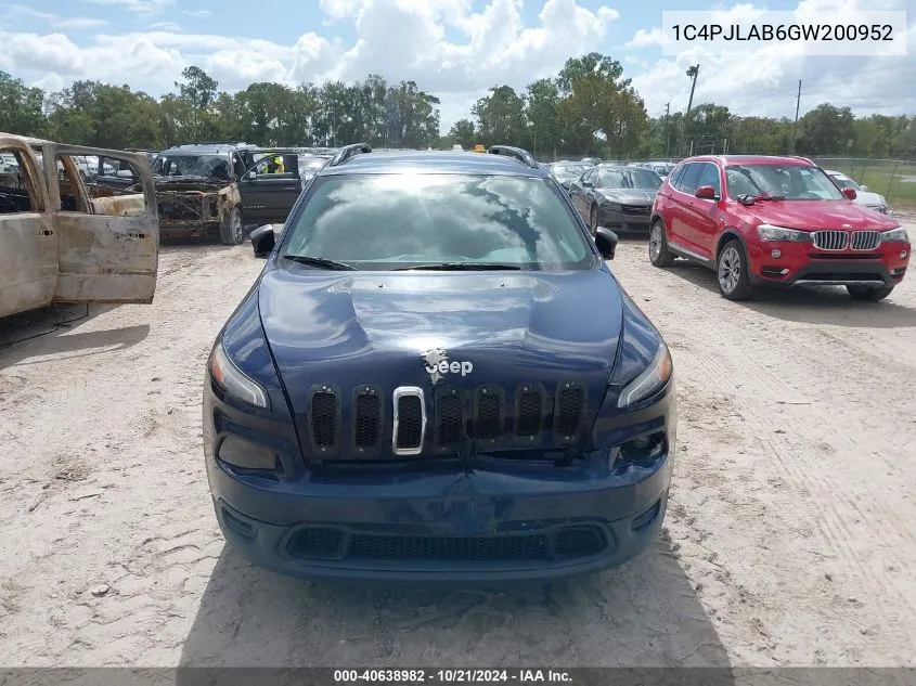 2016 Jeep Cherokee Sport VIN: 1C4PJLAB6GW200952 Lot: 40638982