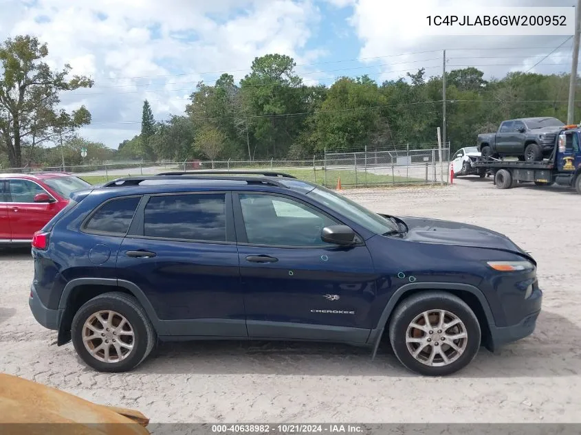 2016 Jeep Cherokee Sport VIN: 1C4PJLAB6GW200952 Lot: 40638982