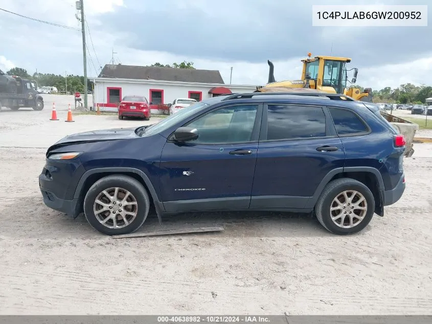 2016 Jeep Cherokee Sport VIN: 1C4PJLAB6GW200952 Lot: 40638982