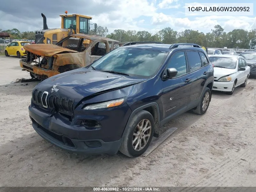 2016 Jeep Cherokee Sport VIN: 1C4PJLAB6GW200952 Lot: 40638982