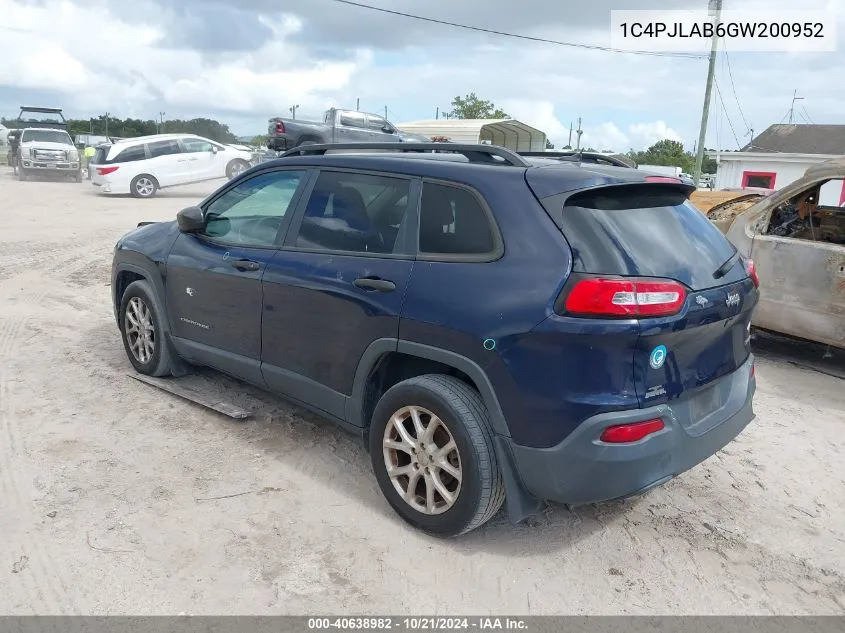 2016 Jeep Cherokee Sport VIN: 1C4PJLAB6GW200952 Lot: 40638982