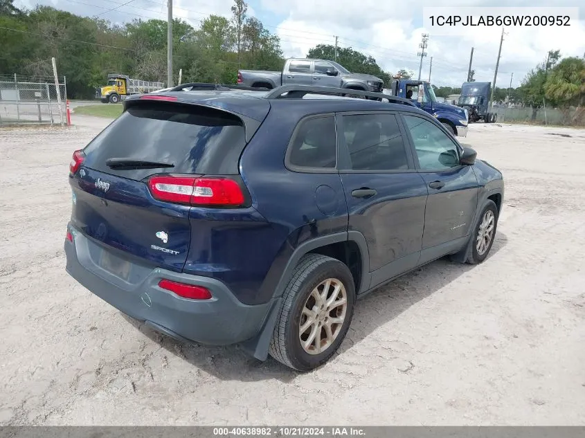 2016 Jeep Cherokee Sport VIN: 1C4PJLAB6GW200952 Lot: 40638982