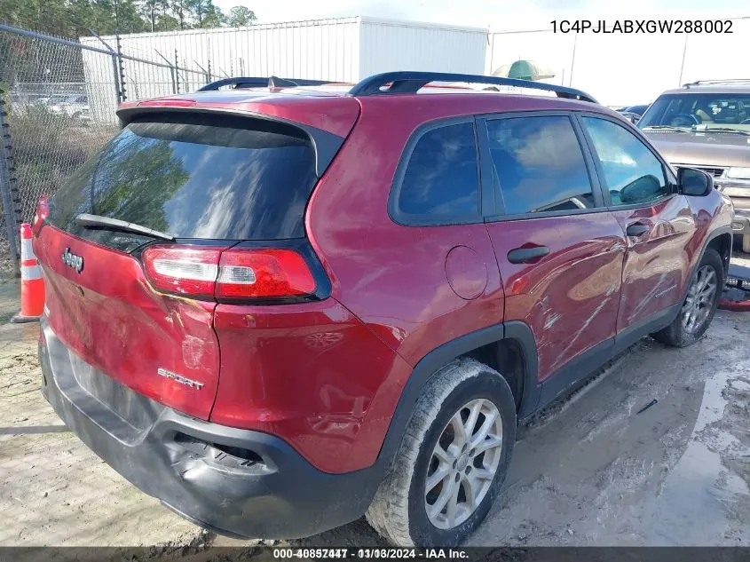 2016 Jeep Cherokee Sport VIN: 1C4PJLABXGW288002 Lot: 40857447