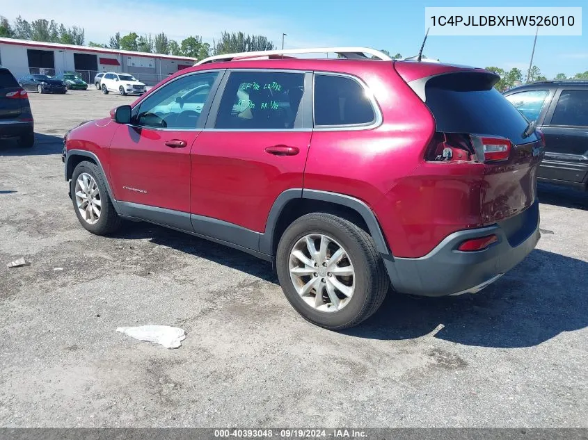 2017 Jeep Cherokee Limited Fwd VIN: 1C4PJLDBXHW526010 Lot: 40393048