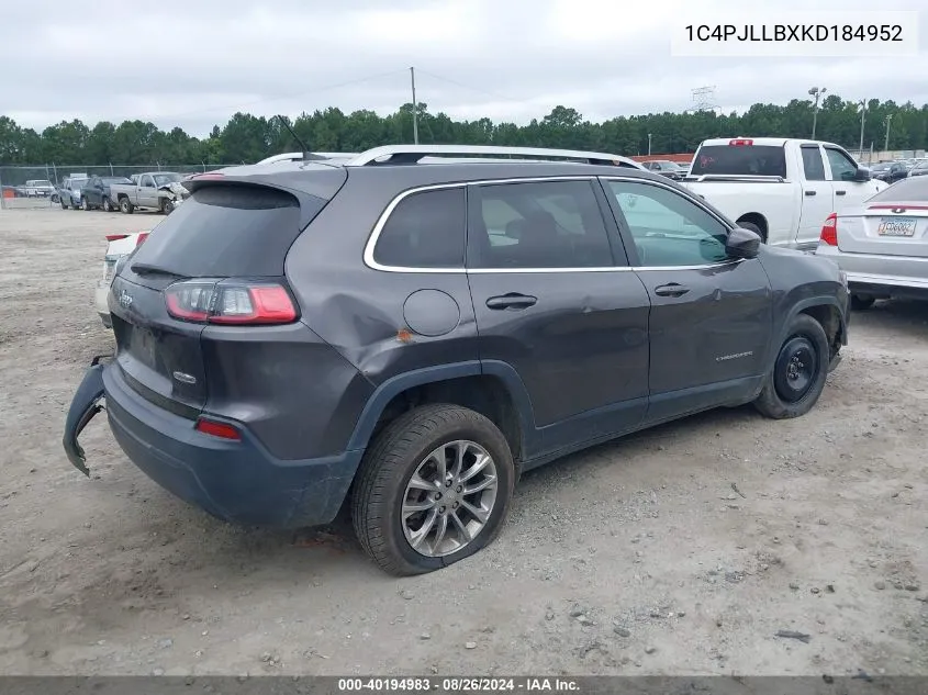 1C4PJLLBXKD184952 2019 Jeep Cherokee Latitude Plus Fwd