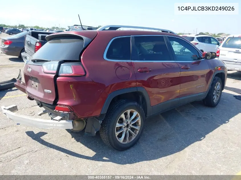 2019 Jeep Cherokee Latitude Fwd VIN: 1C4PJLCB3KD249026 Lot: 40355157