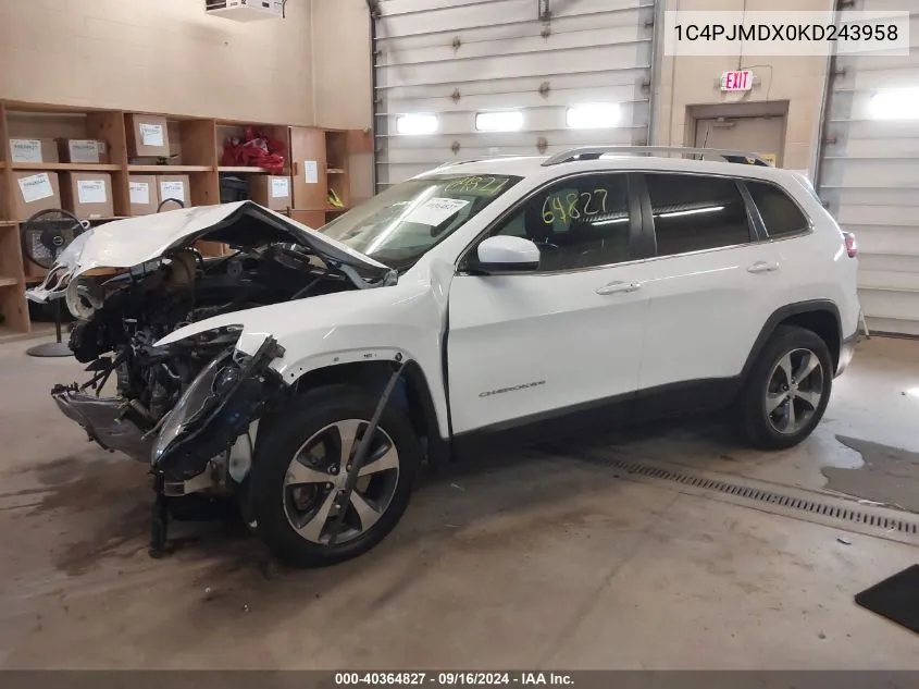 2019 Jeep Cherokee Limited 4X4 VIN: 1C4PJMDX0KD243958 Lot: 40364827