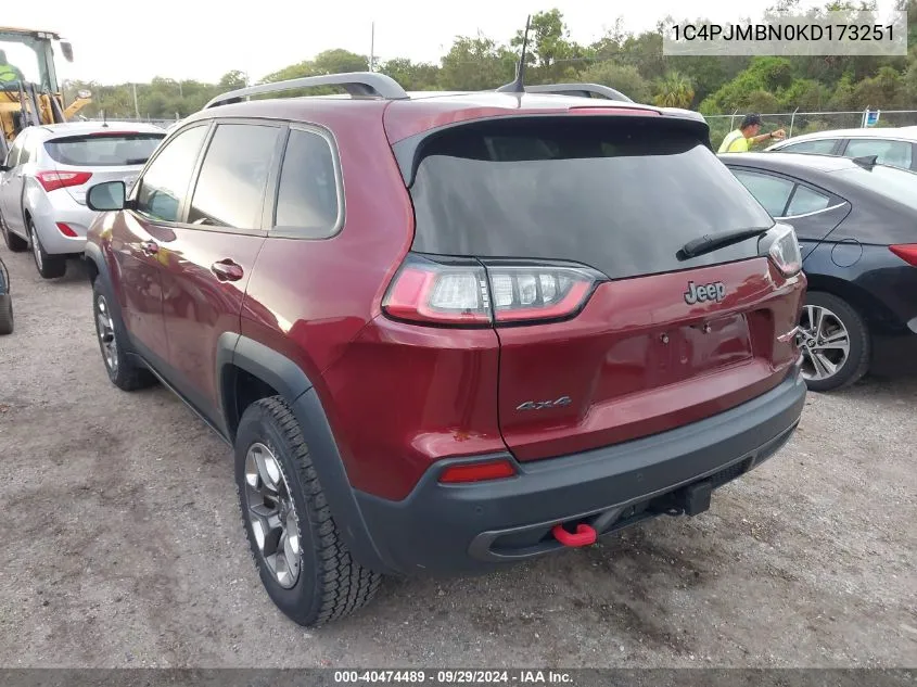 2019 Jeep Cherokee Trailhawk Elite 4X4 VIN: 1C4PJMBN0KD173251 Lot: 40474489