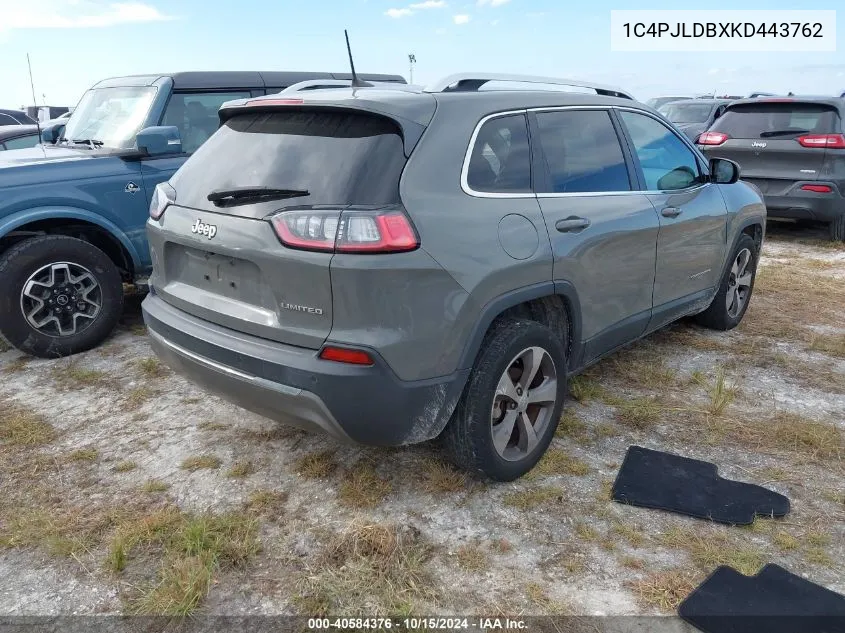 2019 Jeep Cherokee Limited Fwd VIN: 1C4PJLDBXKD443762 Lot: 40584376