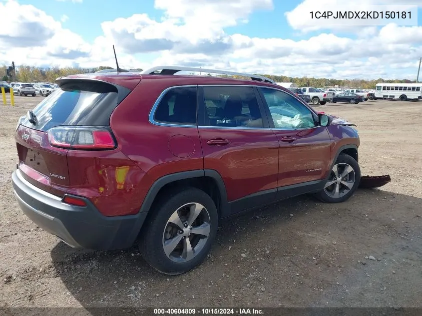 2019 Jeep Cherokee Limited 4X4 VIN: 1C4PJMDX2KD150181 Lot: 40604809