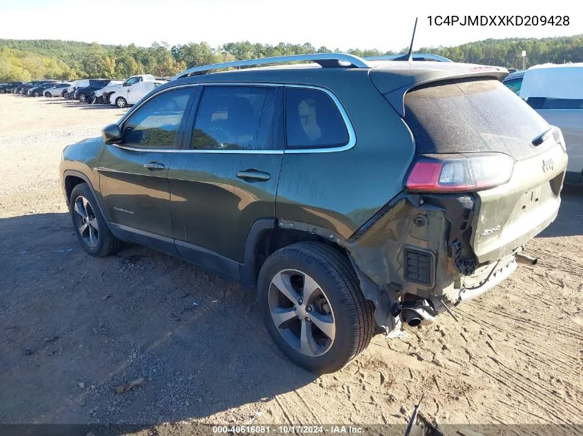 2019 Jeep Cherokee Limited 4X4 VIN: 1C4PJMDXXKD209428 Lot: 40616081