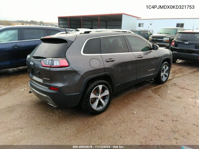 2019 Jeep Cherokee Limited 4X4 VIN: 1C4PJMDX0KD321753 Lot: 40830616