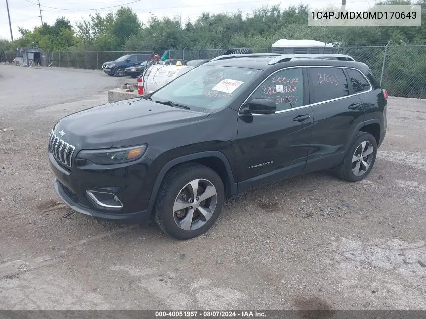 2021 Jeep Cherokee Limited 4X4 VIN: 1C4PJMDX0MD170643 Lot: 40051957