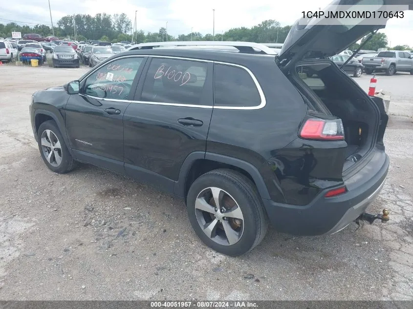 2021 Jeep Cherokee Limited 4X4 VIN: 1C4PJMDX0MD170643 Lot: 40051957