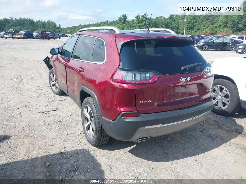 2021 Jeep Cherokee Limited 4X4 VIN: 1C4PJMDX7MD179310 Lot: 40068151