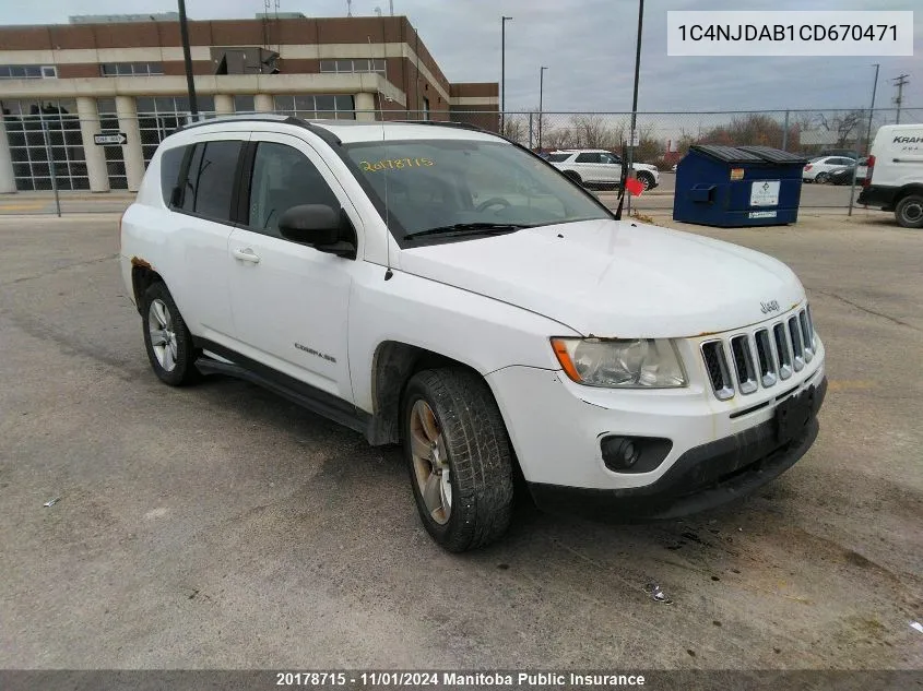 2012 Jeep Compass Sport VIN: 1C4NJDAB1CD670471 Lot: 20178715