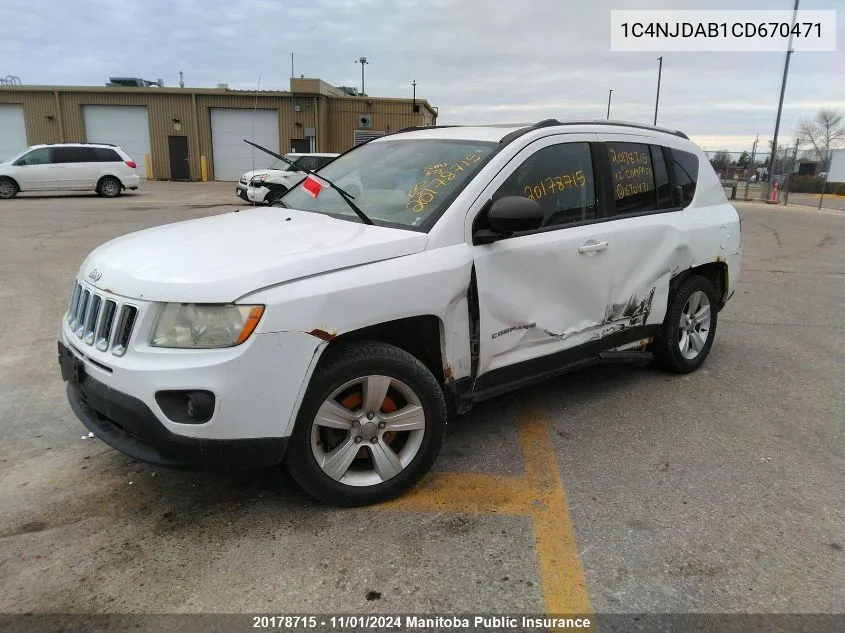 2012 Jeep Compass Sport VIN: 1C4NJDAB1CD670471 Lot: 20178715