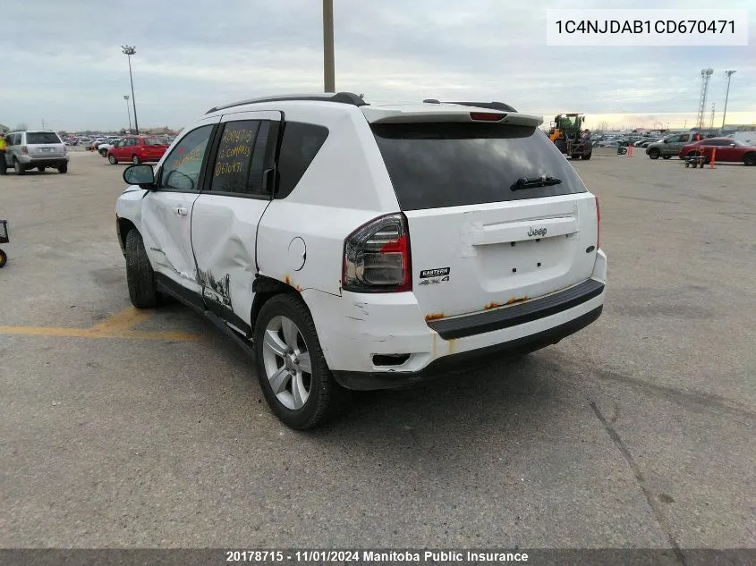 2012 Jeep Compass Sport VIN: 1C4NJDAB1CD670471 Lot: 20178715