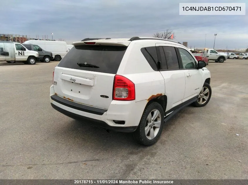 2012 Jeep Compass Sport VIN: 1C4NJDAB1CD670471 Lot: 20178715