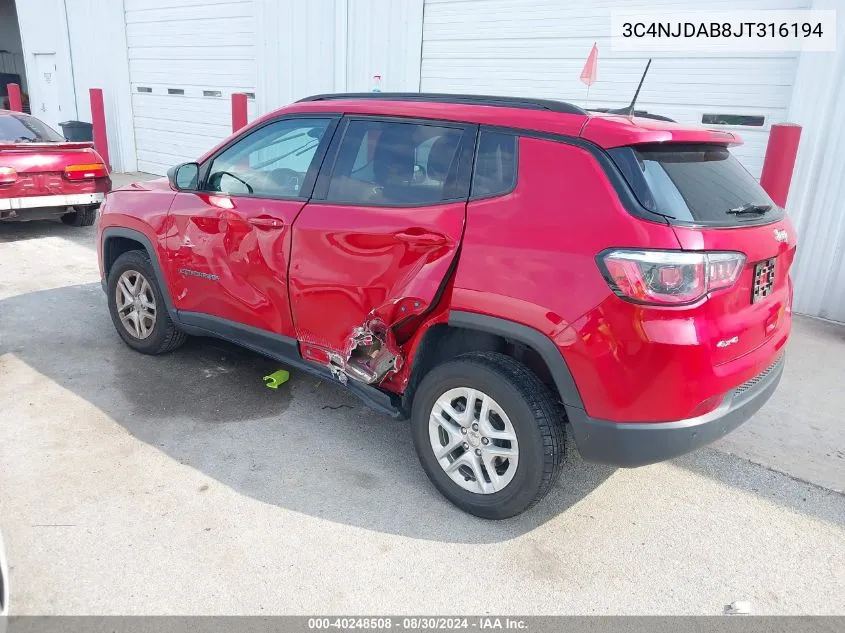 2018 Jeep Compass Sport 4X4 VIN: 3C4NJDAB8JT316194 Lot: 40248508