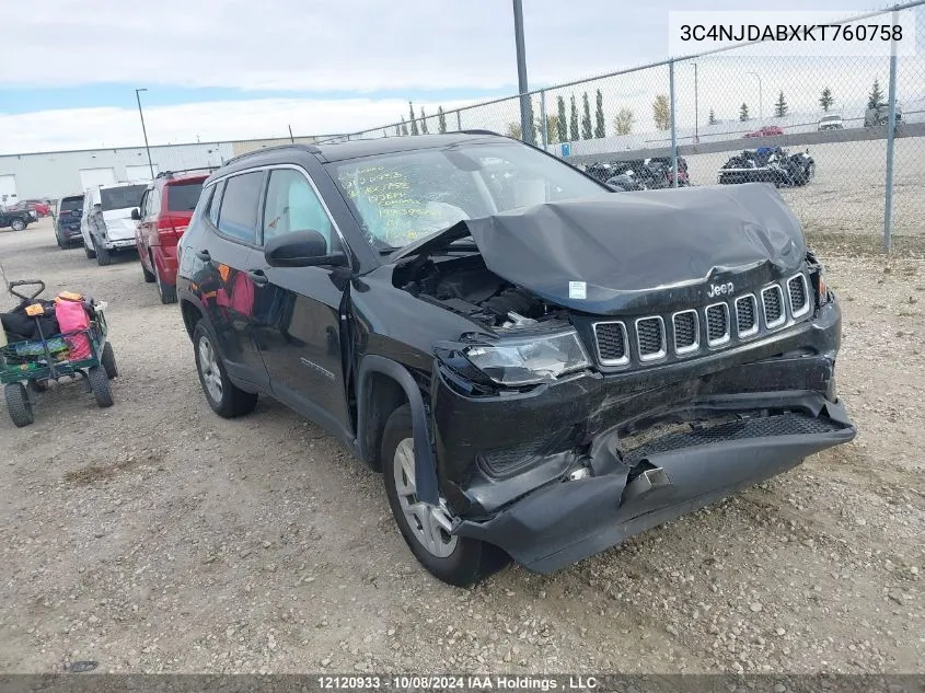 2019 Jeep Compass Sport VIN: 3C4NJDABXKT760758 Lot: 12120933