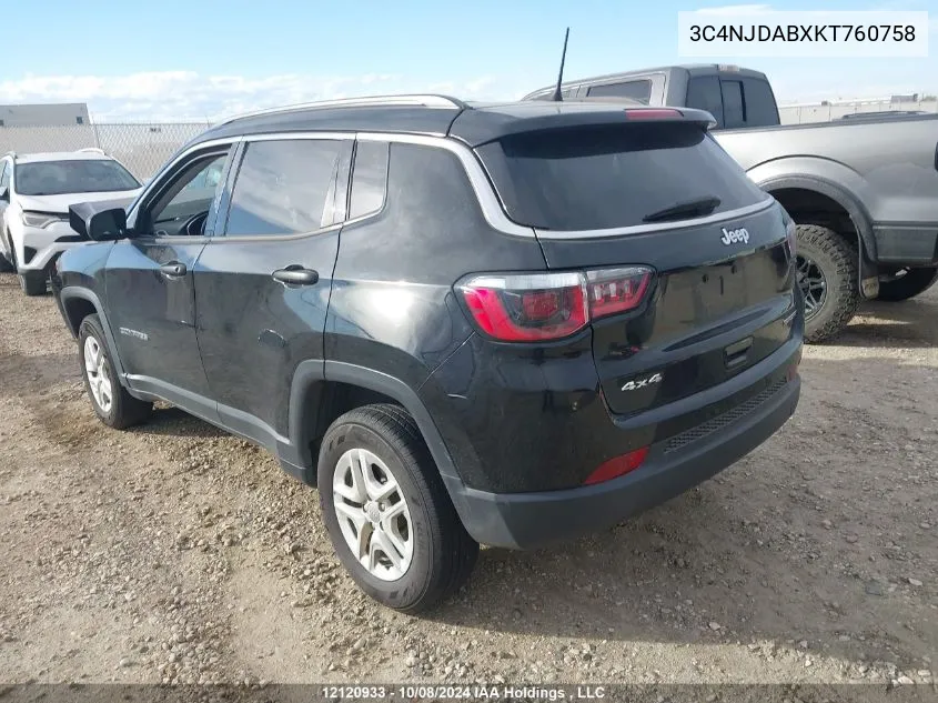 2019 Jeep Compass Sport VIN: 3C4NJDABXKT760758 Lot: 12120933